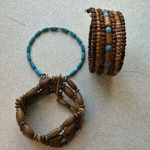 2 wooded bracelets and blue stone anklet